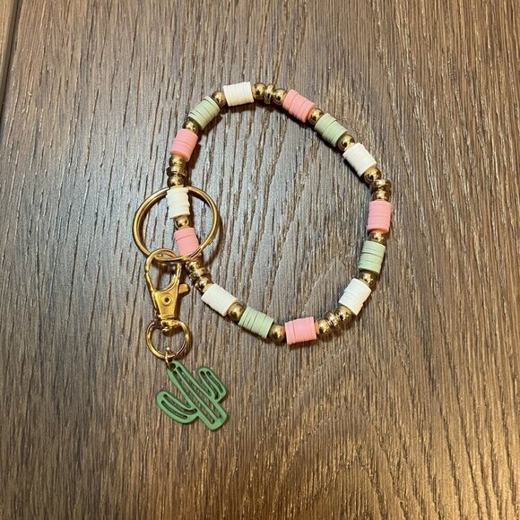 Handmade New Pink/Green/White/Gold Bead Wristlet Keychain with Cactus Charm - Picture 5 of 5